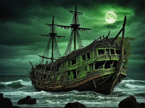 ghost ship,green sail black,shipwreck,pirate ship,galleon ship,ship wreck,galleon,rotten boat,sea fantasy,arklow rogue,sea sailing ship,patrol,the wreck of the ship,old ship,sunken ship,green aurora,sailing ship,trireme,fantasy picture,maelstrom,Conceptual Art,Daily,Daily 23