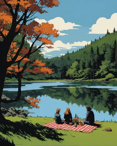 picnic,autumn idyll,lakeside,idyllic,campsite,picnic table,picnic basket,idyll,picnic boat,autumn scenery,mountainlake,two jack lake,one autumn afternoon,hokkaido,japan landscape,lake tanuki,spring lake,cool woodblock images,fall landscape,late summer,Illustration,American Style,American Style 06