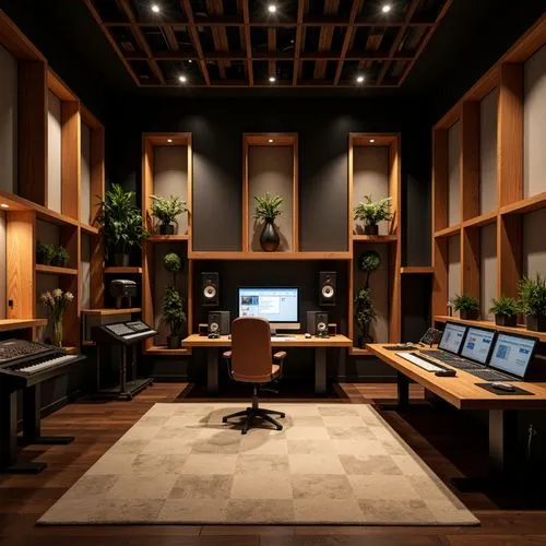 Soundproof recording studio, dimly lit ambiance, wooden acoustic panels, sound-absorbing materials, fabric-wrapped diffusers, strategically placed bass traps, precision-cut wooden diffusers, reflectiv