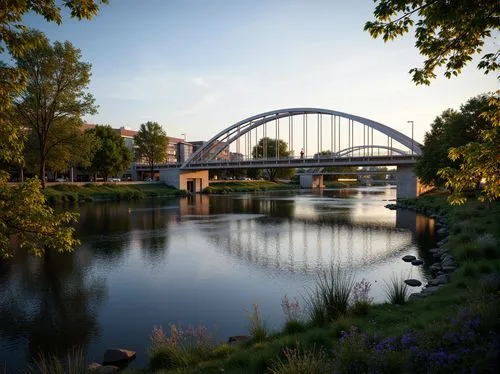 Scenic riverbank, lush vegetation, gentle water flow, modern bridge design, sleek steel arches, suspension cables, pedestrian walkways, cycling paths, scenic viewpoints, natural stone piers, urban sky