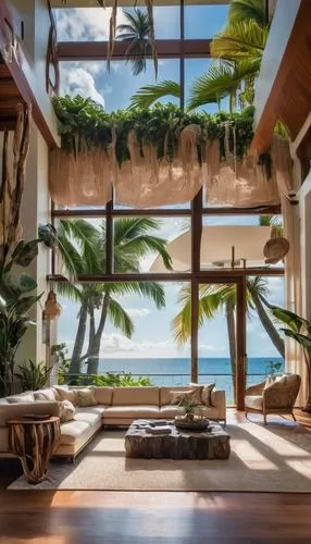 Luxurious Hawaii villa, interior design, spacious open-plan living room, high ceilings, large windows, sliding glass doors, ocean view, wooden flooring, modern minimalist decor, rattan furniture, gree