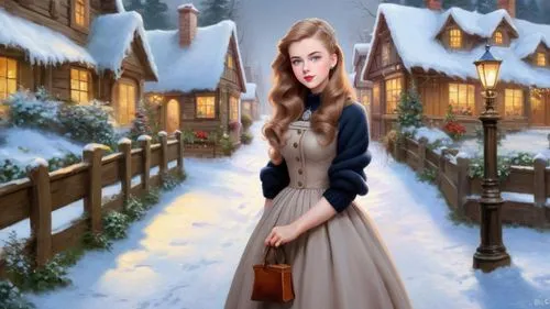 Romantic masterpiece oil painting, cute girl portrait, nostalgic 1950's style kitsch, traditional woman, tradwife, Winter wonderland, snowy landscape, Christmas village scenery, by Thomas Kinkade, by 