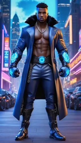 A realistic full-body portrait of a black male character with dark skin in a futuristic urban setting. He has striking blue flame-like hair and large, metallic boxing gloves emanating blue flames. He'