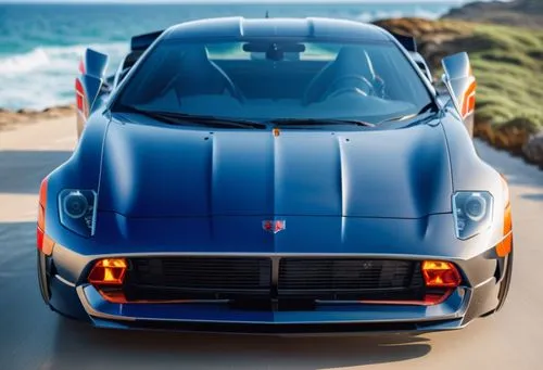 the front end of a blue sports car driving on the road near the ocean,exotic cars ferrari,cavallino,pininfarina,american sportscar,luxury sports car,giugiaro,Photography,General,Realistic