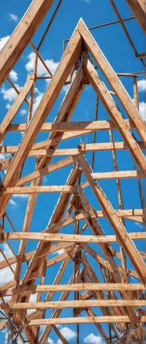 Truss, architectural element, roof structure, triangular shape, wooden beams, metal joints, modern building, industrial style, urban landscape, cityscape, blue sky, white clouds, sunlight casting dram