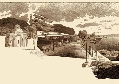 guards of the canyon,abu simbel,meteora,maya civilization,lithograph,ancient city,wadi rum,mountain scene,concept art,wadirum,pilgrims,village scene,mining facility,qumran,hoodoos,mining site,mountain