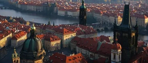 Baroque style building, grand scale, ornate decorations, intricate stone carvings, vibrant colored roof tiles, Gothic spires, imposing clock tower, cobblestone streets, historic Charles Bridge, Vltava