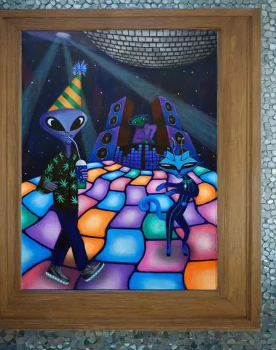 the painting hangs on the wall with  style mirror tiles ,psychonauts,day of the dead frame,scummvm,kaleidoscope art,alebrije,cyberchase,varekai,zooropa,interdimensional,halloween frame,glass painting,