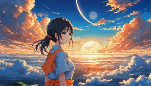 sky,moon and star background,moon and star,horizon,2d,sun,summer sky,lunar,orange,citrus,hanging moon,the horizon,芦ﾉ湖,dream world,background image,stars and moon,azusa nakano k-on,luminous,sun and moon,would a background,Illustration,Japanese style,Japanese Style 04