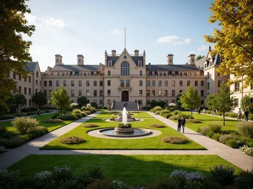 Historic monument, grand academic building, lush green lawns, walking paths, ornate fountains, vibrant flower beds, manicured hedges, majestic trees, natural stone walls, intricate carvings, Gothic ar