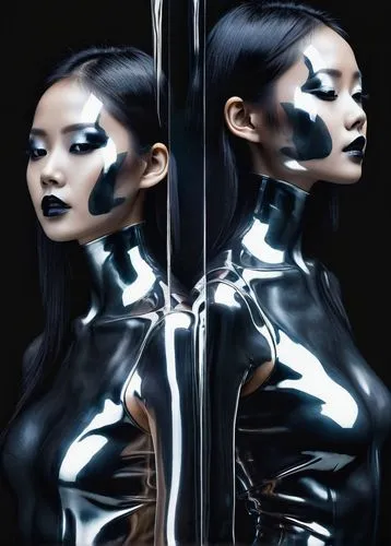 mirrored,mirror image,mirrors,latex clothing,mirror of souls,meridians,mirror reflection,latex,silk,gemini,reflective,duality,neon body painting,chrome,bjork,katana,futuristic,aura,split personality,metallic,Photography,Artistic Photography,Artistic Photography 07