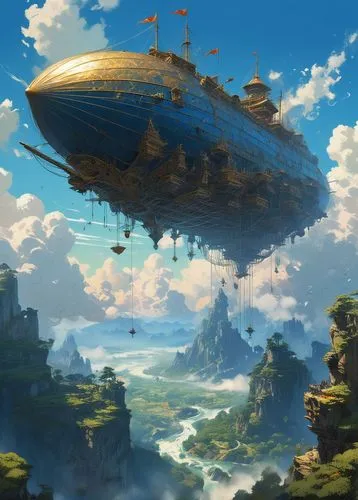 airships,airship,sea fantasy,air ship,floating island,floating islands,flying island,fantasy landscape,fantasy world,atlantis,caravel,galleon ship,galleon,fantasy picture,pirate ship,3d fantasy,voyage,hot-air-balloon-valley-sky,mushroom island,ship wreck,Illustration,Japanese style,Japanese Style 05