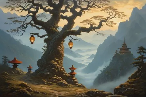 Nujiangbes-inspired artwork, majestic mountain range, misty atmosphere, ancient trees with twisted branches, mystical glowing mushrooms, intricate stone carvings, worn leather-bound tome, ornate metal