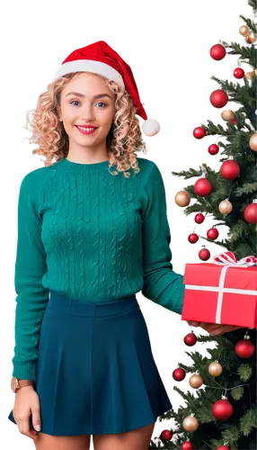 Christmas girl, festive atmosphere, wearing Santa hat, blonde curly hair, rosy cheeks, red lipstick, white snowflake-patterned sweater, green skirt, holding Christmas presents, standing in front of a 