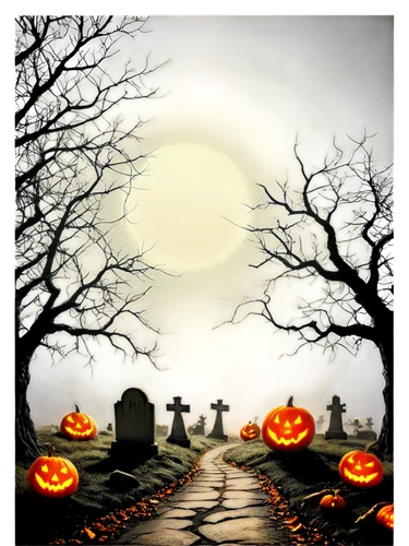 Spooky Halloween scene, dark night sky, full moon, glowing jack-o'-lanterns, twisted tree branches, spider webs, eerie mist, gravestones, creepy crawlies, bats flying overhead, spooky lighting, high c