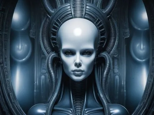 background H.R. Giger influence,a woman with weird hair and horns in front of a mirror,giger,sirian,cybernetically,promethean,argost,cybernetic