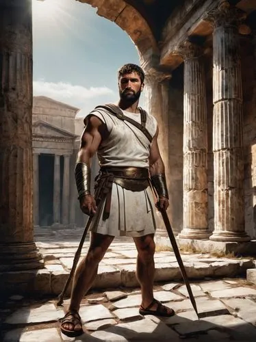 Ancient Roman, muscular man, solo, (35yo), strong facial features, short beard, messy brown hair, intense gaze, worn leather sandals, white toga, bronze armor, holding a spear, standing, ancient ruins