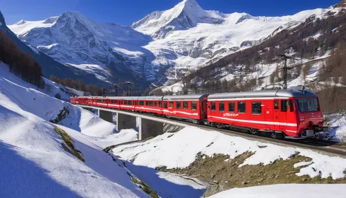 The Bernina Express red train, UNESCO World Heritage Site, Graubunden, Swiss Alps, Switzerland, Europe,matterhorn-gotthard-bahn,bernina railway,glacier express,schynige platte railway,grossglockner,be