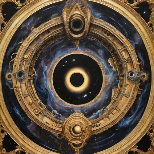 astronomical clock,time spiral,cosmic eye,argus,geocentric,saturnrings,copernican world system,harmonia macrocosmica,circular star shield,planetary system,circular ornament,dark blue and gold,magnetic compass,esoteric symbol,dharma wheel,celestial body,golden ring,orrery,constellation lyre,round frame,Illustration,Realistic Fantasy,Realistic Fantasy 47