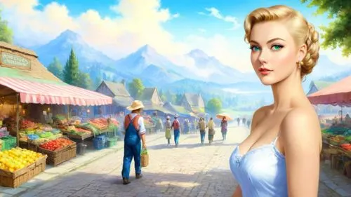 masterpiece oil painting, saturated colors, countryside farmer's market, highly detailed, high res, by Thomas Kinkade,a woman standing on a city street next to vegetables,cartoon video game background