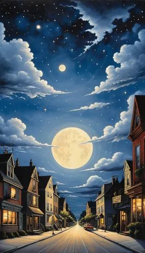 night scene,moonlit night,herfstanemoon,moonstruck,super moon,blue moon,Illustration,Retro,Retro 06