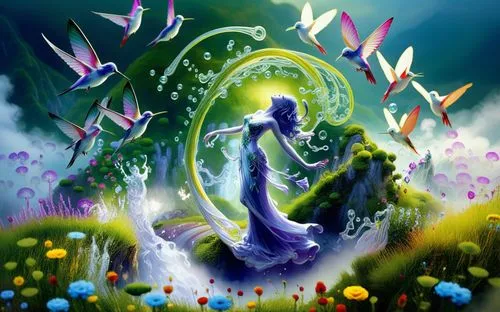 Traditional Beauty in Nature,a painting with some pretty birds flying over a woman,faerie,fairie,fantasy picture,fantasy art,fairy peacock,fairy world,Illustration,Abstract Fantasy,Abstract Fantasy 01