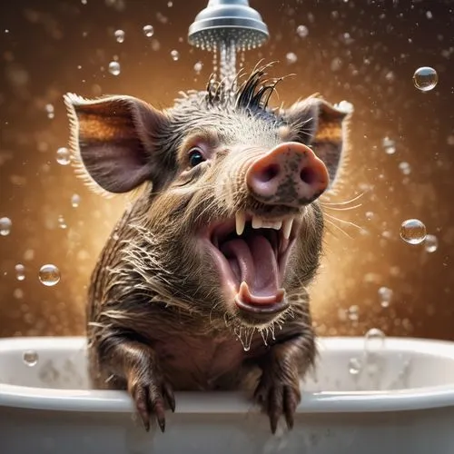 caricature of a wild boar, singing happily, wearing a shower head, using a bathtub, it was a foam filled with floating bubbles. Dynamic movement f1/8. Hyperrealistic, splash art, hyper detail,,domesti