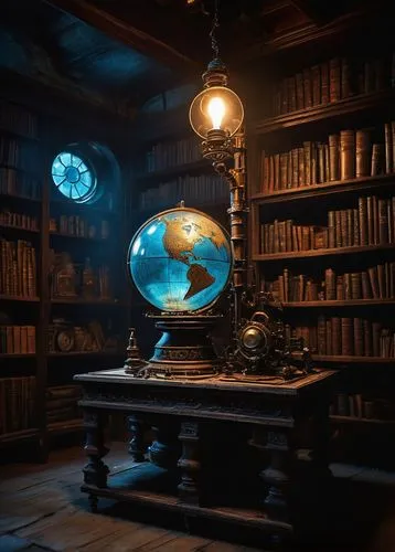 terrestrial globe,crystal ball-photography,dictionarium,spellbook,discworld,crystal ball,globes,3d fantasy,armillary sphere,glass sphere,blue lamp,globe,little planet,orrery,study room,magic book,storybook,the globe,fantasy picture,book wallpaper,Conceptual Art,Sci-Fi,Sci-Fi 01