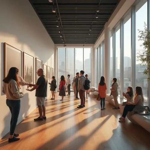 Modern gallery, community engagement, vibrant atmosphere, glass facade, wooden floor, white walls, spotlights, contemporary art pieces, diverse visitors, young adults, elderly people, children, intera