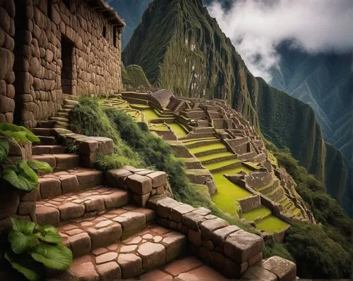 Incan building, ancient architecture, stone walls, intricately carved doorways, vibrant textile patterns, colorful ceramics, terracotta rooftops, steep staircases, ornate windows, Machu Picchu, Peruvi