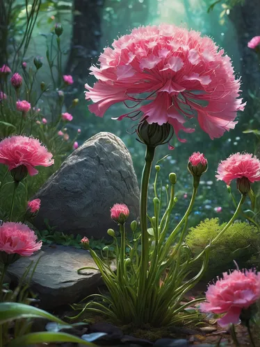 Write a whimsical story about a sprouting rock carnation in a magical garden.,pink anemone,pink carnations,forest anemone,peacock carnation,mushroom landscape,pink dahlias,sea carnations,pond flower,p