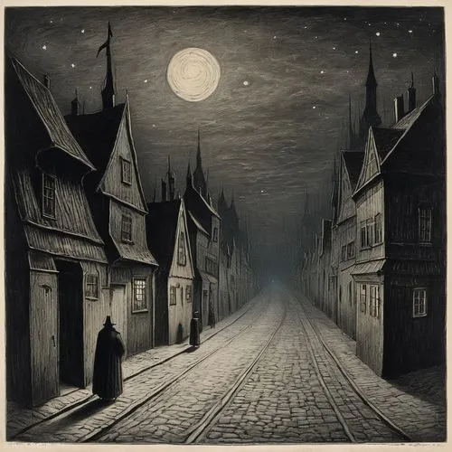 brodsky,darktown,schuiten,night scene,sedlacek,schuitema,the cobbled streets,gaslight,bram stoker,nightwatchman,hamelin,ruelle,mezzotint,cobbled,ravenloft,nocturne,dickensian,steinlen,friedrich,lindwall,Illustration,Black and White,Black and White 23