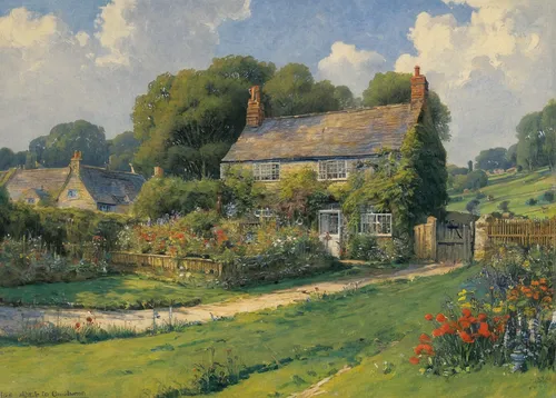 cottage garden,country cottage,cottages,farm landscape,rural landscape,home landscape,cottage,village scene,english garden,summer cottage,constable,farmhouse,brook landscape,sussex,great chalfield,george russell,dorset,country estate,francis barlow,england,Art,Classical Oil Painting,Classical Oil Painting 13