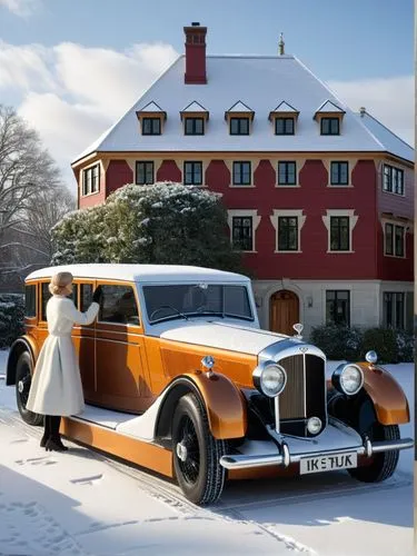 A gentleman in a magnificent Bentley car drives up and makes his honeys to the wife of the mayor of a large English town.,a wedding couple is taking a walk in front of an old fashion car,amstutz,rolls