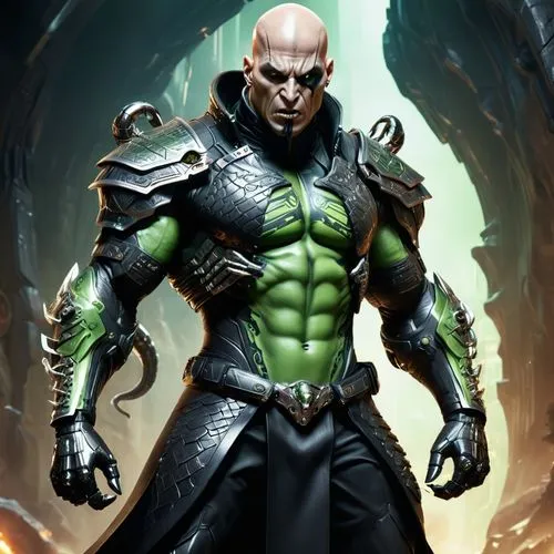 a game character, snakes instead hands, bald, tall, green hand black clothes like snake skin, angry,  shouting, realm, ,draiman,metallo,ganthet,drax,shadowpact,solas,nosgoth,thrall,outworld,zsasz,abne