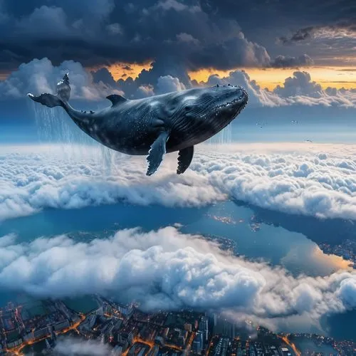 humpback whale,a flying dolphin in air,humpback,whale,little whale,giant dolphin,blue whale,baleine,sea swallow,whales,floating over lake,baby whale,orca,pot whale,whale fluke,humpbacks,cloud formation,manta ray,flying penguin,whale cow,Photography,General,Realistic