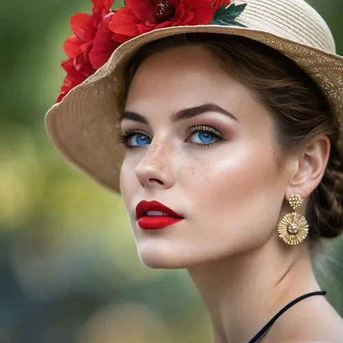 Close-up portrait of a young woman with striking features, displaying a thoughtful or introspective expression. Her face is highlighted by bright blue eyes, red lipstick, and delicate freckles dusting