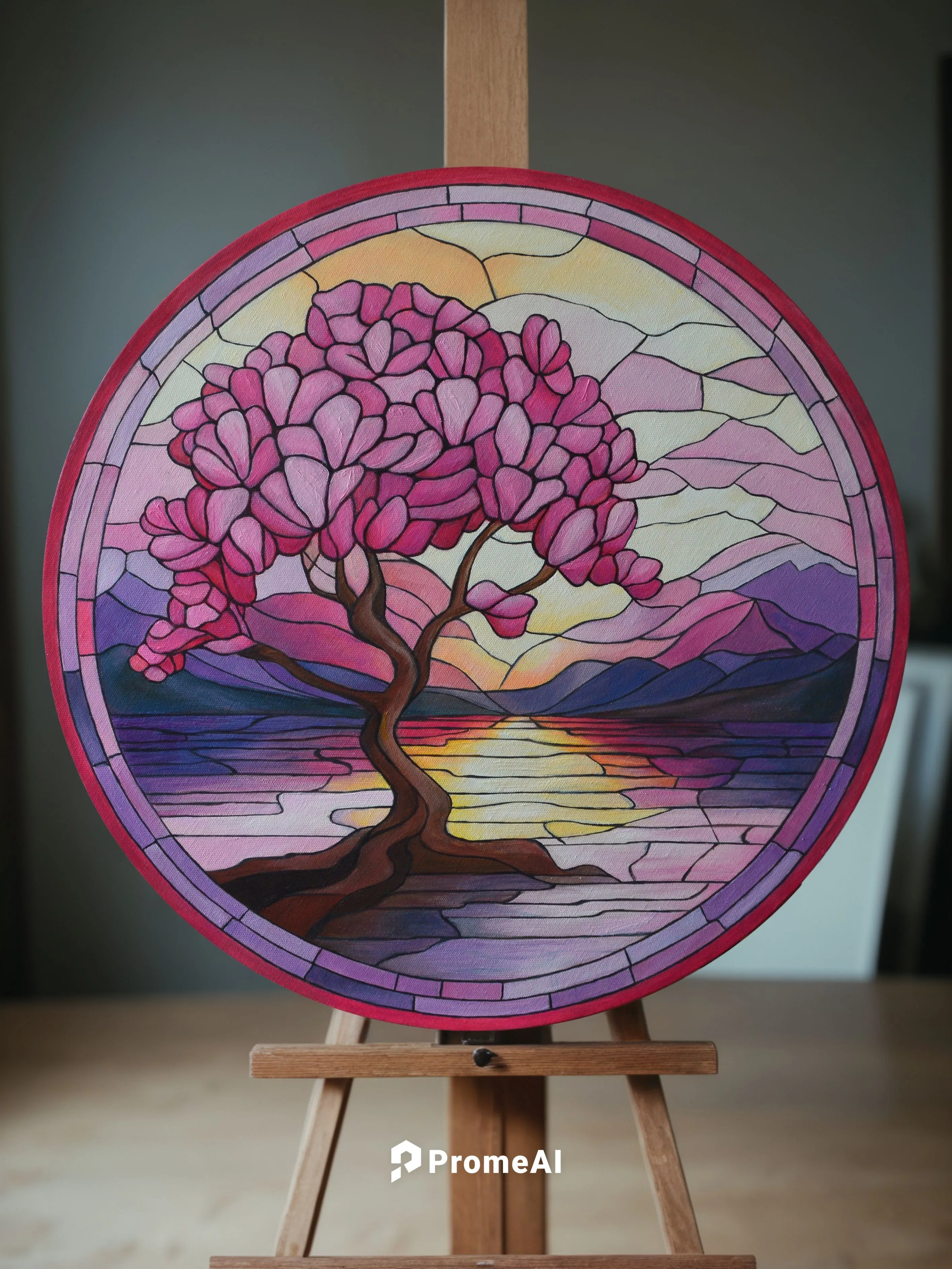 Картина на мольберте,an artistically designed stained glass art piece of a pink tree,glass painting,cherry blossom tree,painted tree,colorful tree of life,sakura tree,marble painting