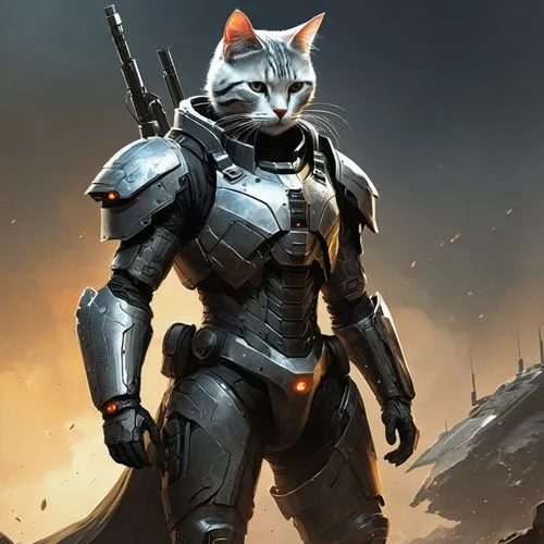 cat warrior,grey fox,south american gray fox,armored animal,tau,rocket raccoon,cat vector,gray kitty,gray cat,prowl,mercenary,rex cat,patrols,sci fiction illustration,silver tabby,breed cat,armored,animal feline,cat-ketch,napoleon cat,Conceptual Art,Fantasy,Fantasy 12