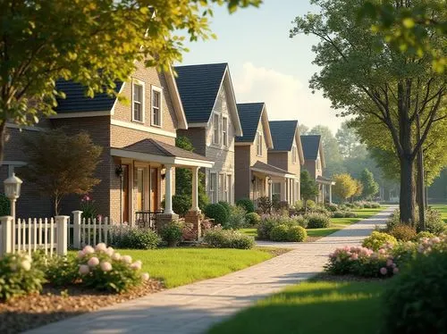 Cozy suburban neighborhood, tree-lined streets, manicured lawns, single-family homes, pitched roofs, brick facades, white picket fences, blooming gardens, sunny afternoon, soft warm lighting, shallow 