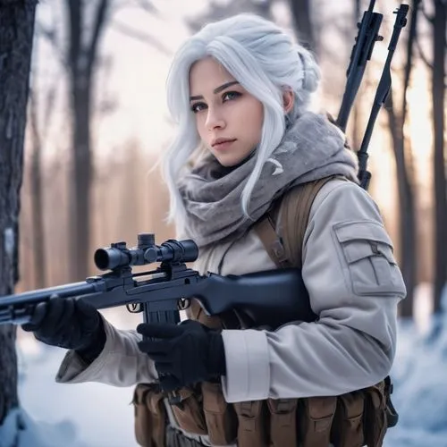 winterblueher,rifle,cosplay image,grey fox,girl with gun,wolf hunting,sniper,nikita,arctic fox,girl with a gun,cold weapon,white rose snow queen,snow owl,woman holding gun,tactical,kefir,russian,arctic,winter background,siberia,Photography,General,Cinematic