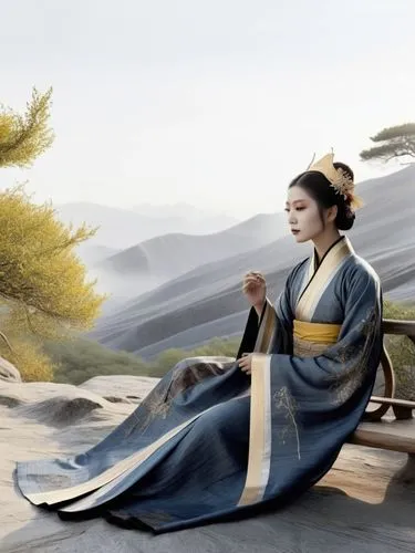 In the midst of a surreal landscape, a woman in Hanfu sits in a void, their face painted in intricate detail. The air is thick with the scent of fresh herbs, and the breeze rustles the leaves of nearb