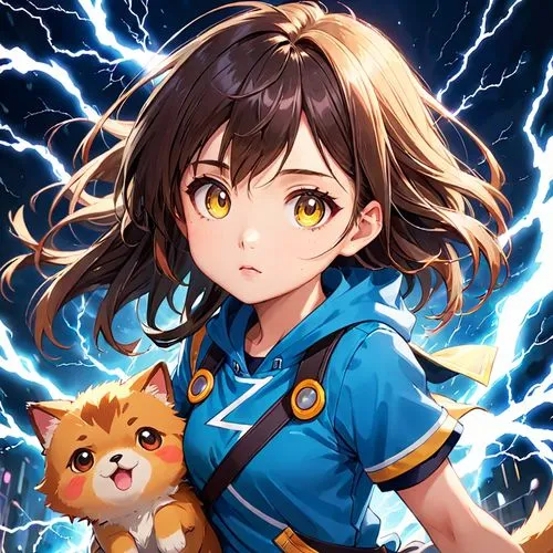 A dynamic thunderbolt integrated with playful imagery of a cute fantasy pet and a cute 20 year old girl. The thunderbolt should symbolize energy and excitement, while the cute fantasy pet and the cure