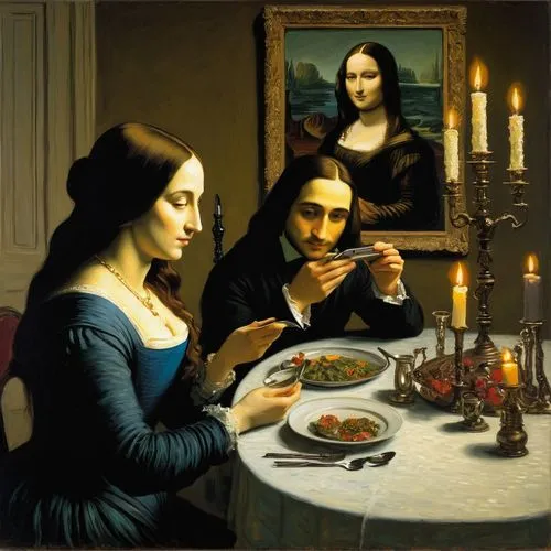 Monalisa and a prince having a romantic candlelit dinner at home. Put the smartphone and an ipad on their table,delatour,dinnerstein,romantic dinner,dossi,gioconda,honthorst,gothic portrait,dinner par