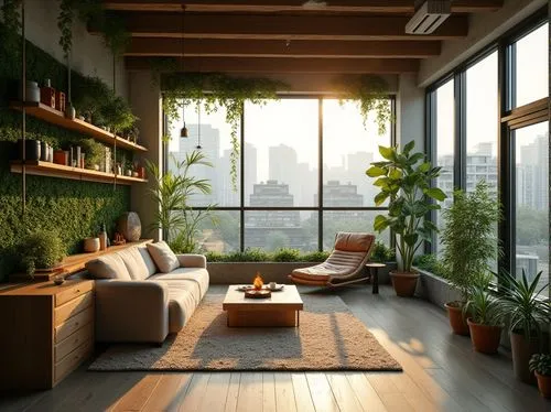 loft,living room,livingroom,sunroom,apartment lounge,sky apartment,green living,apartment,balcony garden,modern room,indoor,shared apartment,an apartment,modern decor,block balcony,modern living room,house plants,window sill,lofts,roof landscape,Photography,General,Realistic