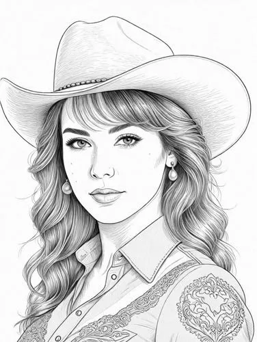 a drawing of a girl wearing a cowboy hat,cowgirl,countrygirl,akubra,cowgirls,hedeman,coloring page,Design Sketch,Design Sketch,Detailed Outline