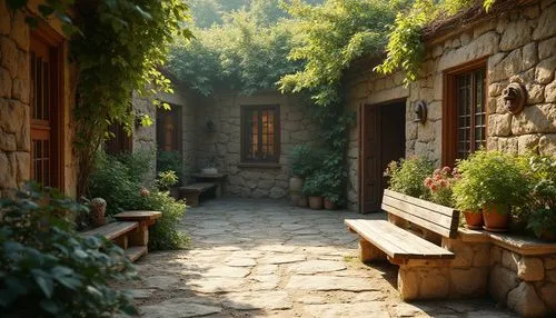 Outdoor courtyard, natural stone masonry, rough-textured walls, rustic wooden benches, lush greenery, flowering plants, vines crawling up the walls, warm afternoon sunlight, soft shadows, 3/4 composit