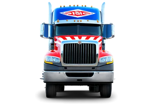 Semi-truck, cartoon style, bright colors, rounded edges, smiling face on front grille, oversized headlights, shiny chrome bumper, American flag decal, bold stripes, rugged tires, dynamic pose, speedin