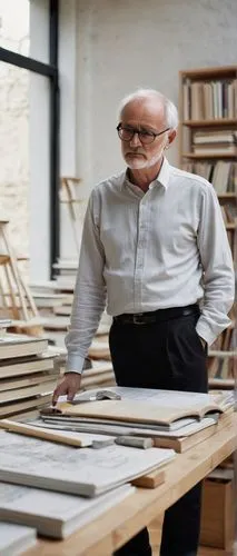 Peter Zumthor, thinking, standing, hands behind back, simple white shirt, black trousers, shoes polished, bespectacled, gray hair combed back, gentle facial expression, surrounded by architectural mod