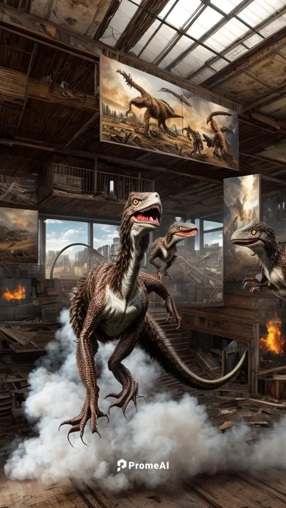 Velociraptors attacking a furniture store, abandoned interior furnitures, fire ,landmannahellir,velociraptor,paleontology,dinosaurs,raptor,prehistoric,palaeontology,jurassic,tyrannosaurus,game illustr